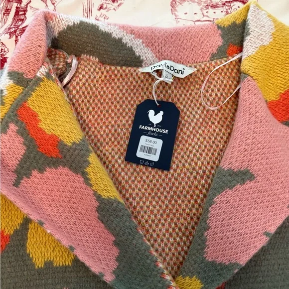 Davi & Dani NWT Hippie Bohemian Pink Floral Knit Coatigan, L - Picture 4 of 10